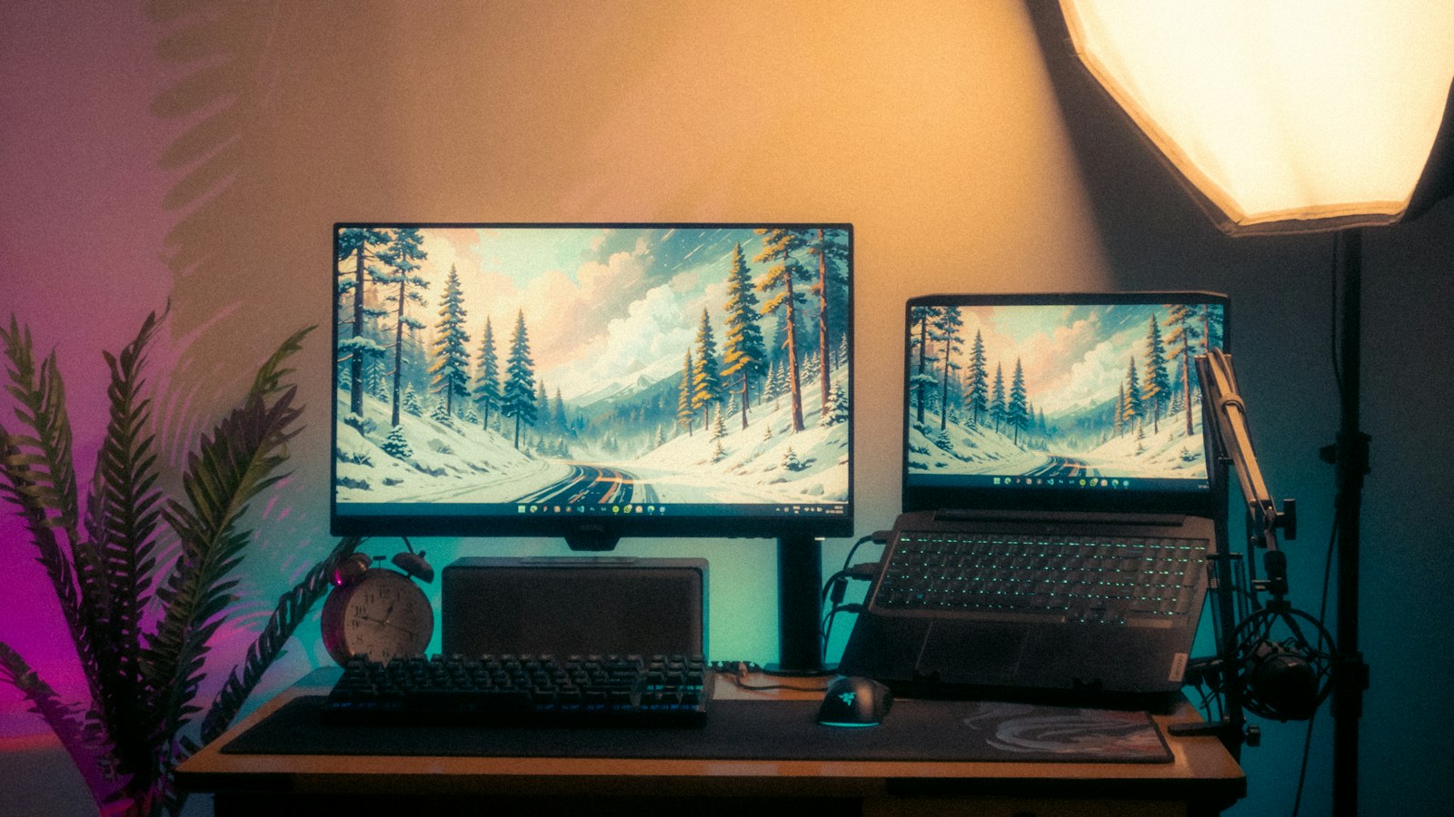 A modern desk setup with two screens
