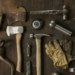 Vintage tools including an axe, hammer, gloves, and metal implements on dark wooden planks