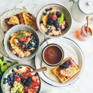 fruit salad on gray bowls