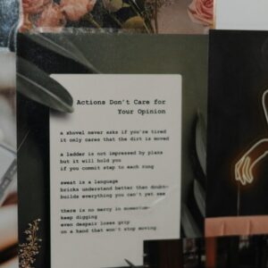 A collage featuring writing, text, and a neon figure