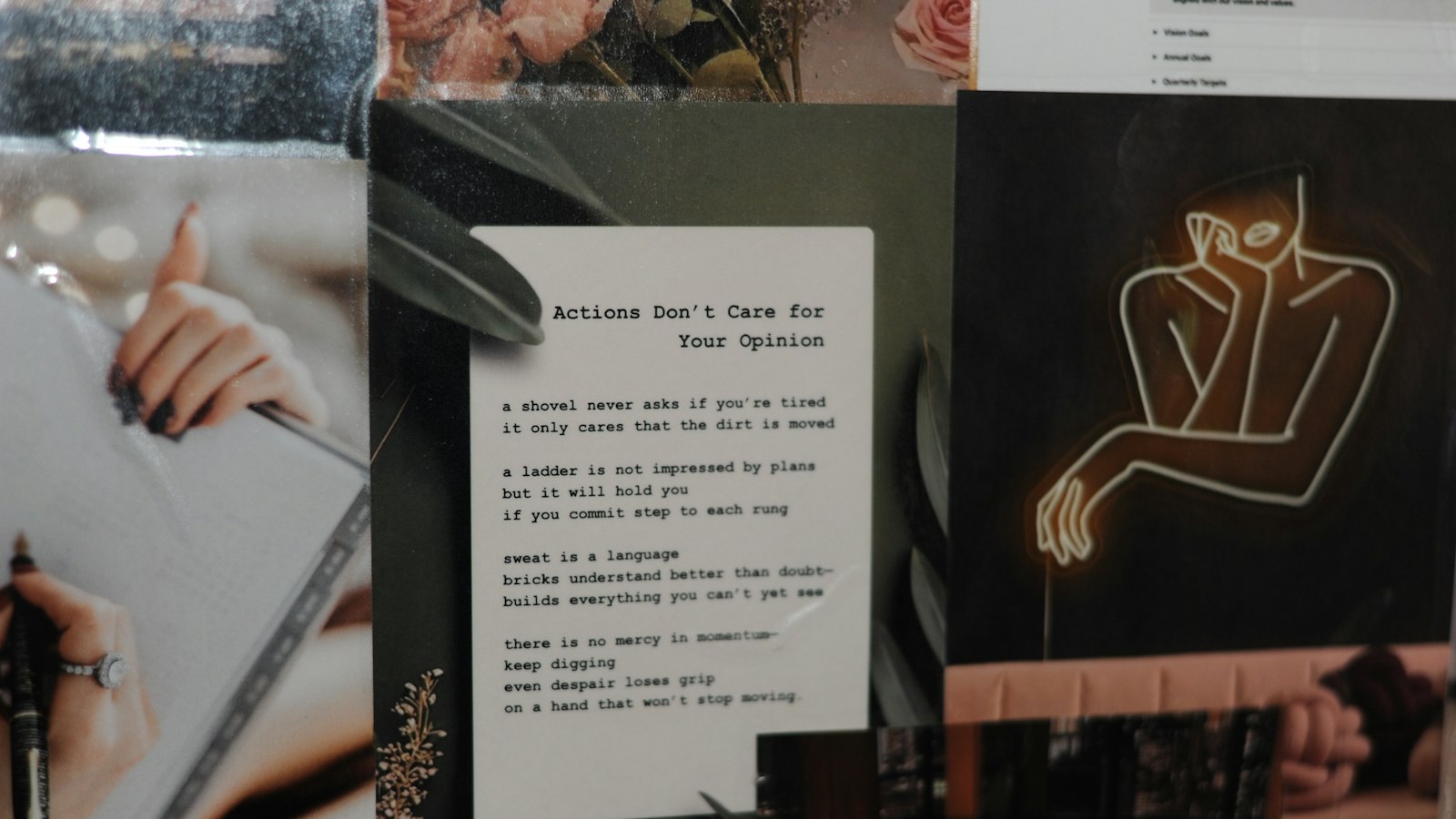 A collage featuring writing, text, and a neon figure