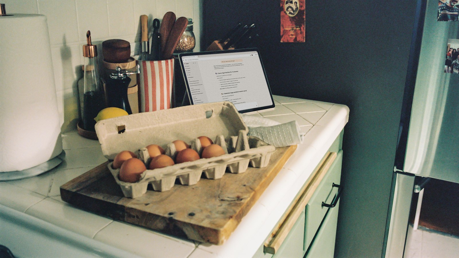 Carton of brown eggs on a kitchen counter