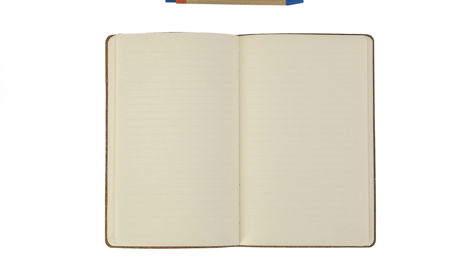 An open notebook with lined pages and a ballpoint pen above it