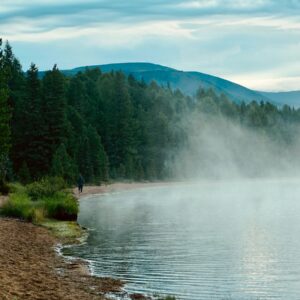 Misty lake surrounded by pine trees and mountains